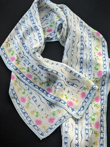 Vintage Vera Long Rectangle Scarf White, Lt Blue, Indigo, Yellow, Pink, Floral - Picture 1 of 7