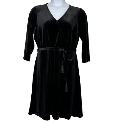 J Jill Black Velvet Dress Womens Size L Fit Flare Faux Wrap Cocktail Whimsigoth - Image 1 of 4