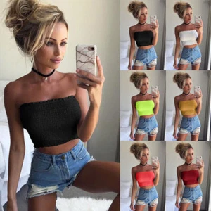 Women Off Shoulder Elastic Tube Tops Bra Blouse Strapless Bandeau Crop Top Shirt - Picture 1 of 19