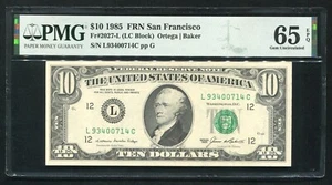 FR. 2027-L 1985 $10 FRN FEDERAL RESERVE NOTE SAN FRANCISCO, CA PMG GEM UNC-65EPQ - Picture 1 of 2