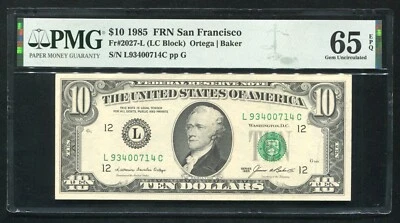 FR. 2027-L 1985 $10 FRN FEDERAL RESERVE NOTE SAN FRANCISCO, CA PMG GEM UNC-65EPQ - Image 1 of 2