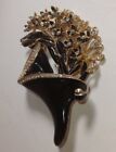 Black Enamel Gold to Bouquet Broach with Rhinestone Center Pin Brooch 3 1/2 inch