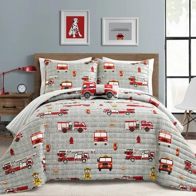 Fire Truck Quilt 4 Piece Set, Full/ Queen, Red & Gray - Reversible Stripe Pri... - Image 1 of 4
