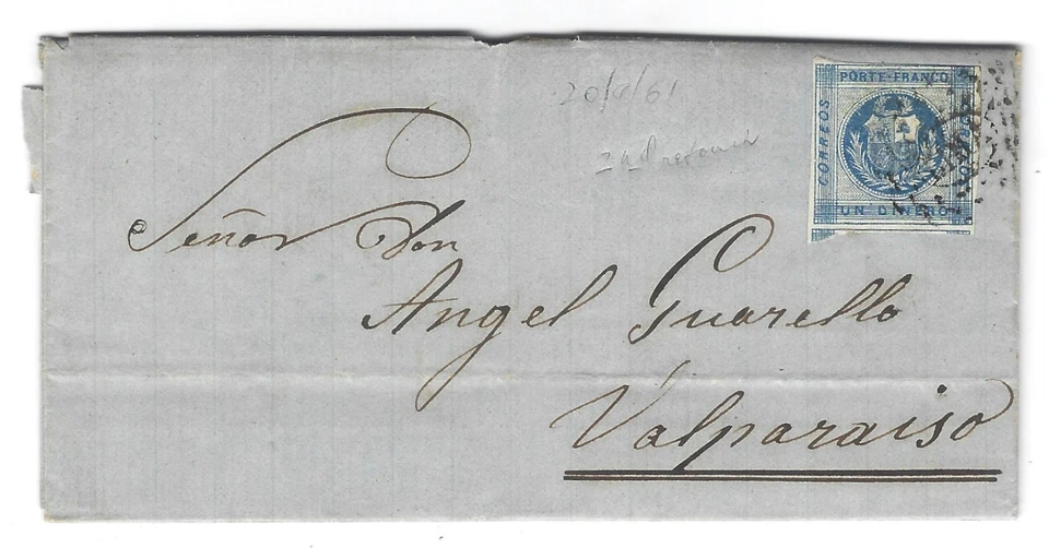 Peru 1861 Cover Lima-Valparaiso Chile Un Dinero Scott #9c Broken Zigzag Lines! - Image 1 of 4