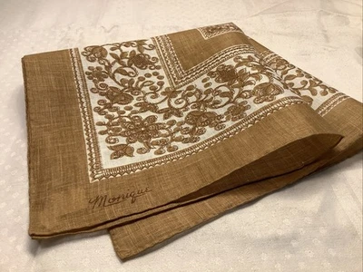 1839🌟Vintage 50s-60s Monique Floral Geometric Pocket Handkerchief Tag Hand Roll - Image 1 of 4