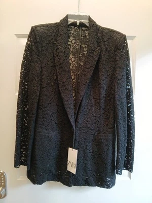 Zara NWT Black Floral Lace Button Pockets Blazer Jacket XL Runs Small $109.90 - Image 1 of 4