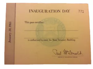 1965 Präsident Lyndon Johnson ERWEIHUNGSPARADE Einweihung gelber Schatzpass - Bild 1 von 2