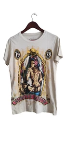 VTG The Minute Mirth Full Print Tattoo Girl In The Mirror Shirt Beige Size S / M - Picture 1 of 23