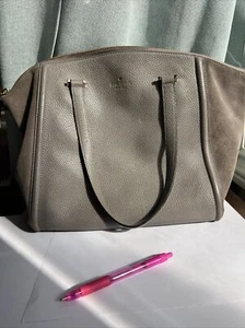 kate spade XL Suede tote bag Lewis Drive GREY LEATHER Gold Hardware Pristine - Picture 1 of 18