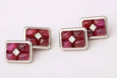 Luxurious Square Cut Red Ruby & Round White Stone Special Men's Square Cufflink - Image 1 of 4