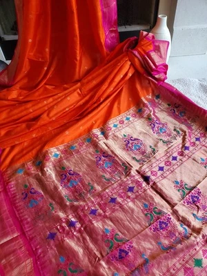 Mujeres Pura Seda Paithani Sari Telar de Mano Festivo Boda Fiesta Real Foto 1 de 4