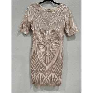 Gianni Bini Dress Small Beige Sequin Embellished Short Sleeve Party Cocktail - Picture 1 of 6