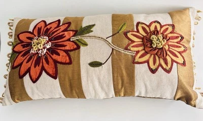 Pier 1 Imports Pillow  Embroidered Flowers Beads Throw Pillow Floral 24'' x 12'' - Image 1 of 4