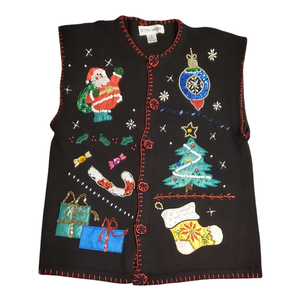 Chaleco De Colección VICTORIA HARBOUR Negro TALLA M Tejido Feo Navidad Bordado Con Cuentas Foto 1 de 4