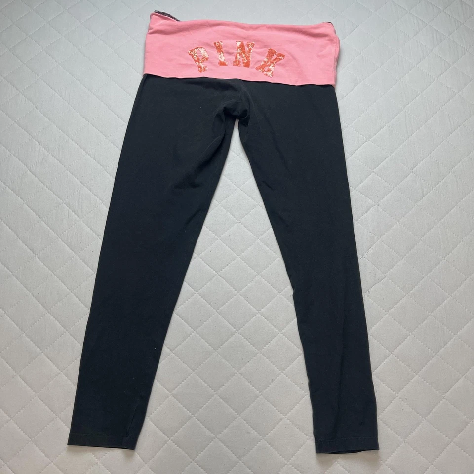 Victoria's Secret PINK Leggings Womens Large Black Pink Yoga Foldover Sequin - Image 1 of 4