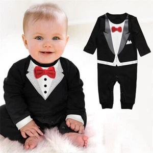 Newborn Baby Boy Girl Formal Suit Tuxedo Romper Jumpsuit Bodysuit Clothes Outfit - Picture 1 of 5