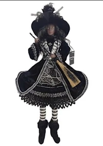 Witch W/ Broom Sitting 23” Doll Figure Black & White Dress Hat Victorian NWT - Bild 1 von 13