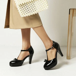 Bowtie Round Toe Court Shoes Ladies Kitten Heel T-Bar Shoes Pump Plus Size Women - Picture 1 of 12
