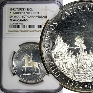 Turkey Silver 1972 50 Lira NGC PF64 CAMEO Atatürk's Entry into Smyrna KM# 901(6) - Picture 1 of 3