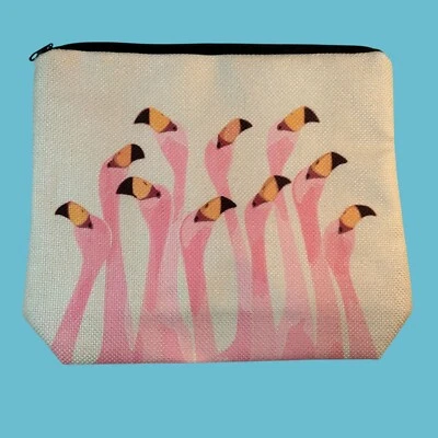 Pink Flamingo Makeup Bag Canvas Zipper Pouch Beachy Tiki Tropical - Image 1 of 4