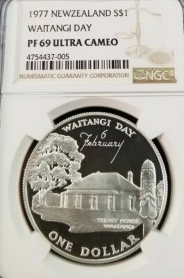 NUEVA ZELANDA 1977 PLATA $1 DÍA WAITANGI NGC PF 69 ULTRA CAMAFEO TOP POP Foto 1 de 3