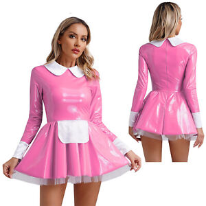 Women's French Maid Cosplay Costume Patent Leather Long Sleeves Dress and Apron