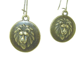 New Beautiful 3-D LION Leo Cameo Bronze-tone Disc Dangle Earrings 1-3/4" Long - Picture 1 of 3