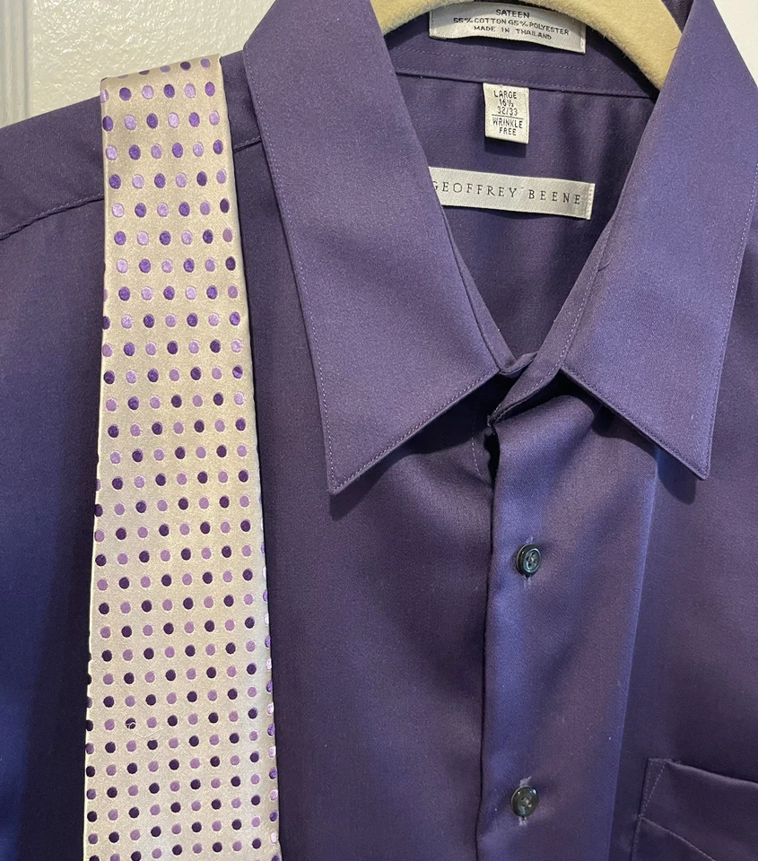 Geoffrey Beene Hombres L Satén Manga Larga Púrpura Camisa GRATIS GB Corbata 16 1/2 X 32/33 Foto 1 de 4