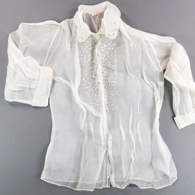 Vtg White Organdy Blouse Top Embroidered Sheer Lace Bodice 1940s Long Sleeves - Image 1 of 4