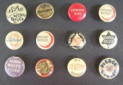 Antiguo y Vintage 12 Piezas Publicidad Bicicleta Pasador Botón en Marco Caja Sombra Foto 1 de 4