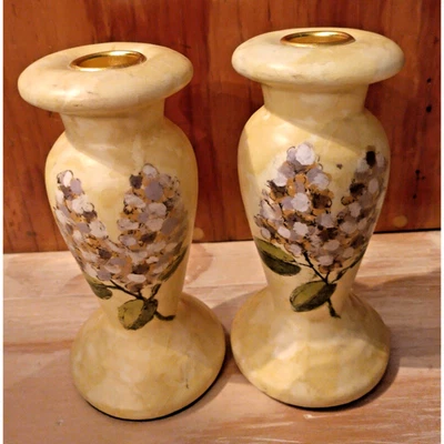 Hand Painted Floral Ceramic 6" Tall Candlesticks Lilacs Botanical Black Bottoms - Image 1 of 4