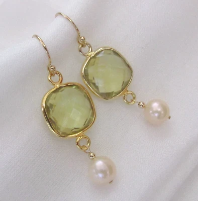 eingefasste Citrin Quarz Zuchtperlen Ohrringe 585 14K Gold GF gelb pfirsich - Bild 1 von 4