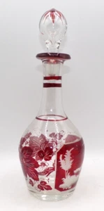 Bohemian Victorian Ruby Overlay Hand Blown Decanter Etched Hunting Scene & Vines - Picture 1 of 11