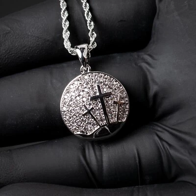 Mini White Gold Plated Micro Three Cross Pendant Hip Hop Rope Chain Necklace  - Image 1 of 4