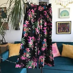 INC size M Black Pink Green Tropical Floral Print Embellished Wide Leg Pants - Picture 1 of 5