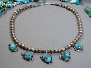 Collier sur chaîne 19" argent massif 19" NAVAJO PEARLS naturel MORENCI TURQUOISE années 70 - Photo 1/13