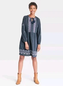 Knox Rose Dark Blue Dress Embroidered Balloon Sleeve Pockets Boho Sz M - Picture 1 of 3