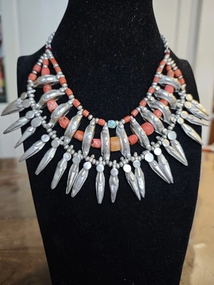 Collana In Argento Indiana, Corallo, Ambra E Turchese  - Immagine 1 di 4