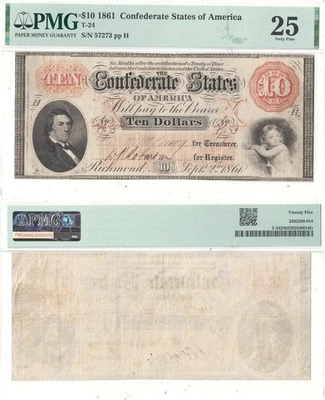 1861 $10 Confederate Note T-24 PMG VF-25 - Image 1 of 3