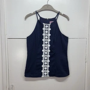 Lily Pulitzer Annabelle Halter Tank Top Navy Embroidered Cotton UK 10 US 6 - Picture 1 of 10