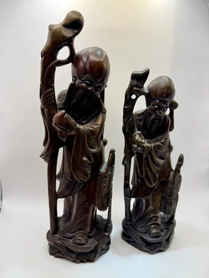 2 x Vintage Hand-Carved Figures of Shou Lao, the Chinese God of Longevity Treen - Image 1 of 4