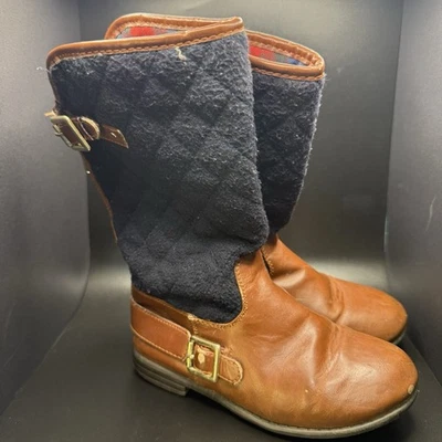 Tommy Hilfiger Andrea Riding Boots Quilted Navy Brown Faux Leather Zip Sz 12 - Image 1 of 4