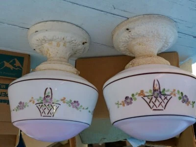 2 PR FLORAL SHADE Vintage Antique 40s Ceiling glass Light Lamp Fixture  kitchen  - Image 1 of 4