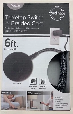 Decor Cordinate Tabletop Wall Mount Switch Plug w/ Braided Cord Black/White NEW  - Image 1 of 2