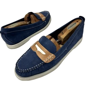 Sebago Lady Navy Blue Tan NUBUCK Leather Casual Boat Shoe DOCKSIDES PENNY Loafer - Picture 1 of 7