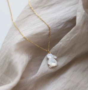 Dainty Bunny Necklace Mother of Pearl Rabbit 18K Chain Pendant Birthday Gift - Picture 1 of 14