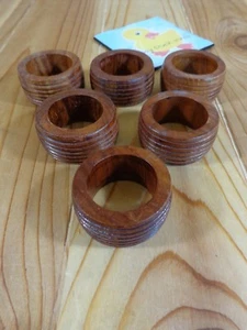 WOOD NAPKIN RINGS Set of 6 Brown Ribbed Mid Century Modern - Picture 1 of 3