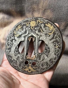 Finely Japanese Inlaid Gold & Silver Dragon Iron Tusba - Picture 1 of 11