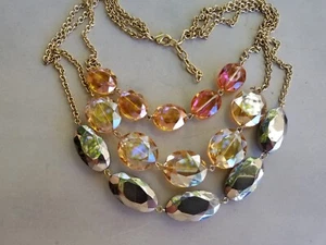 NEW 3 STRAND NECKLACE CHOKER SILVER AMBER IRIDESCENT PINK COLOR RESIN STONES - Picture 1 of 7