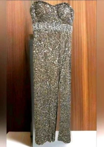 Scala Silber Perlen formell volle Länge Empire Taille Größe 0 ärmellos Kleid Seide - Bild 1 von 11